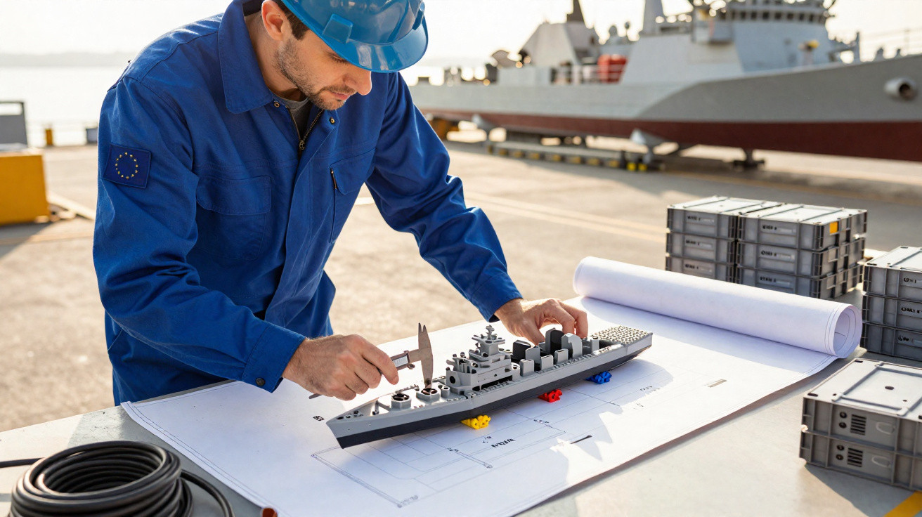 Engenheiro naval com capacete azul mede modelo de navio em maquete sobre mesa com plantas e peças.