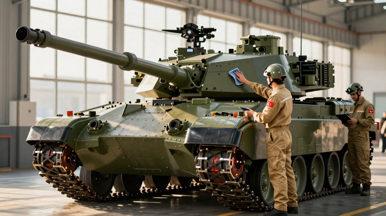 Tanque de guerra verde sendo inspecionado e limpo por dois soldados em um galpão.