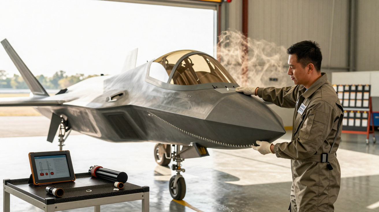Técnico inspecionando jato militar cinza em hangar com tablet e equipamento próximo.