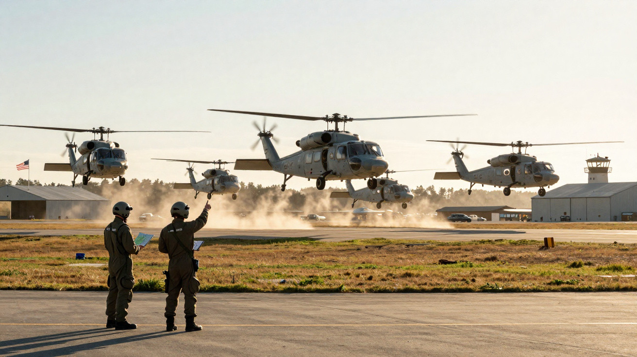 Seis helicópteros militares BH-60 decolando com dois pilotos em uniforme sinalizando na pista.