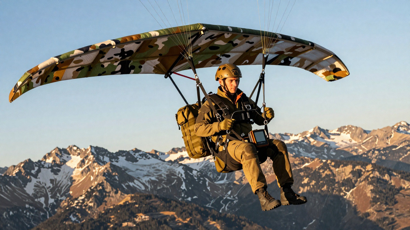 Homem voando de asa-delta camuflada sobre montanhas com picos de neve ao entardecer.