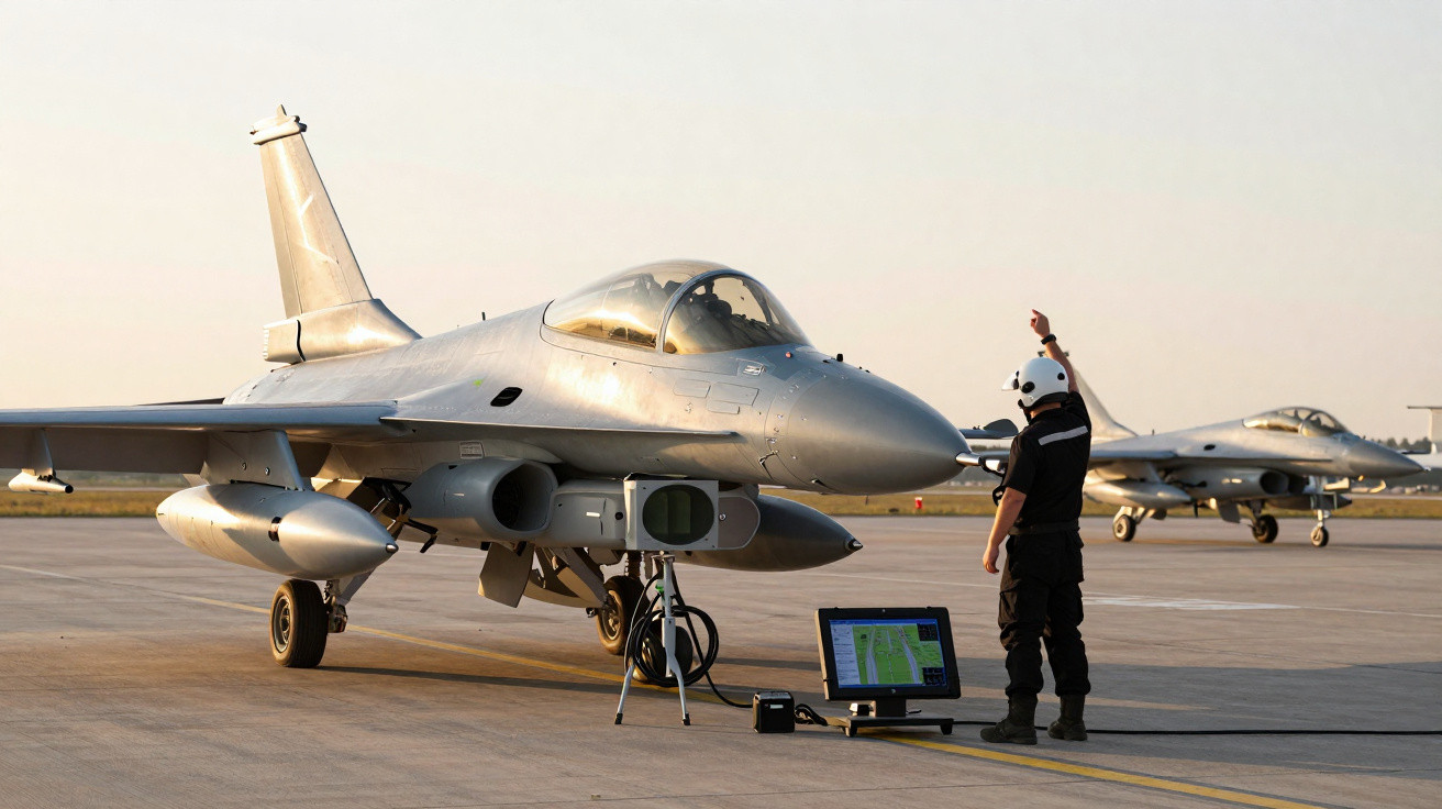 Caça F-16 estacionado na pista com técnico usando capacete e equipamentos eletrônicos ao lado durante o dia.
