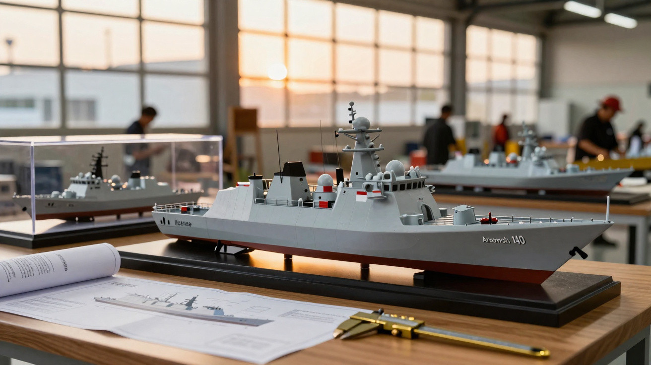 Modelo detalhado de navio de guerra exposto em mesa com plantas e ferramentas em ambiente interno.