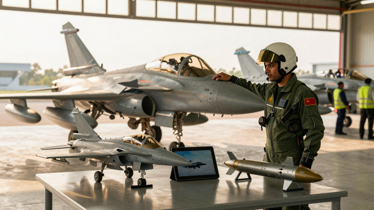 Militar com capacete ao lado de maquete de caça e bomba em hangar com caça ao fundo.