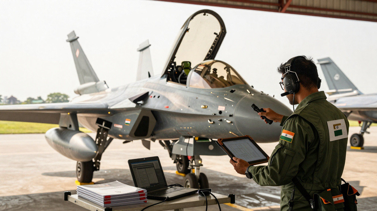 Homem com uniforme militar opera tablet próximo a caça JF-17 em hangar aberto.