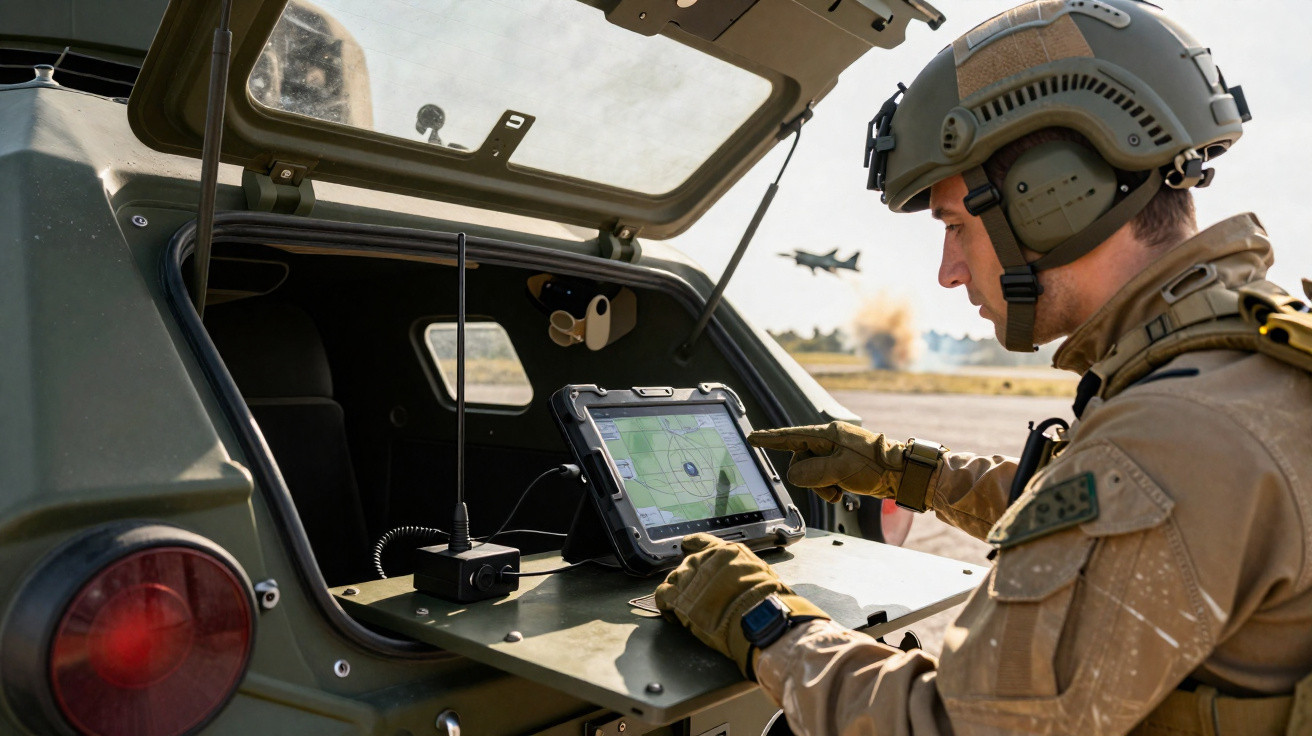 Militar usando tablet com mapa digital em veículo militar, enquanto aviões voam ao fundo em campo aberto.