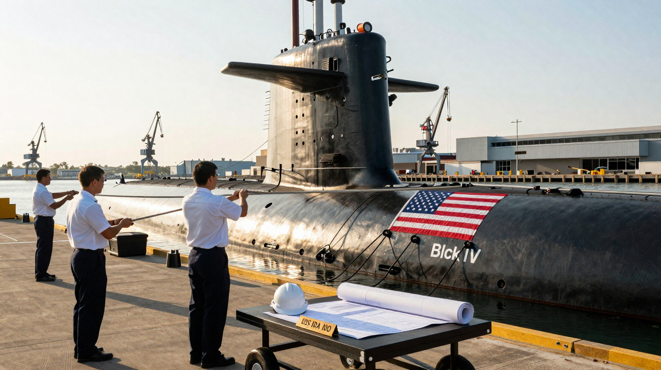 Três homens em uniforme branco realizam cerimônia ao lado de submarino americano Black IV ancorado em porto.