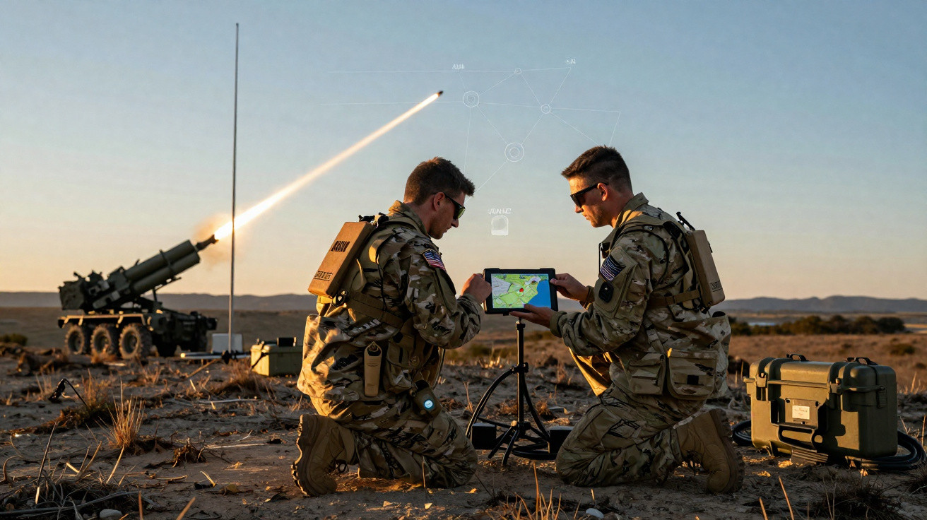 Dois soldados em uniforme tático operam um tablet no deserto enquanto um míssil é lançado ao fundo.