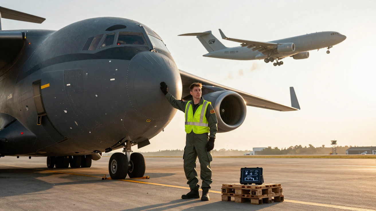 Homem com colete refletivo encostado em avião estacionado em pista, com outro avião decolando ao fundo.