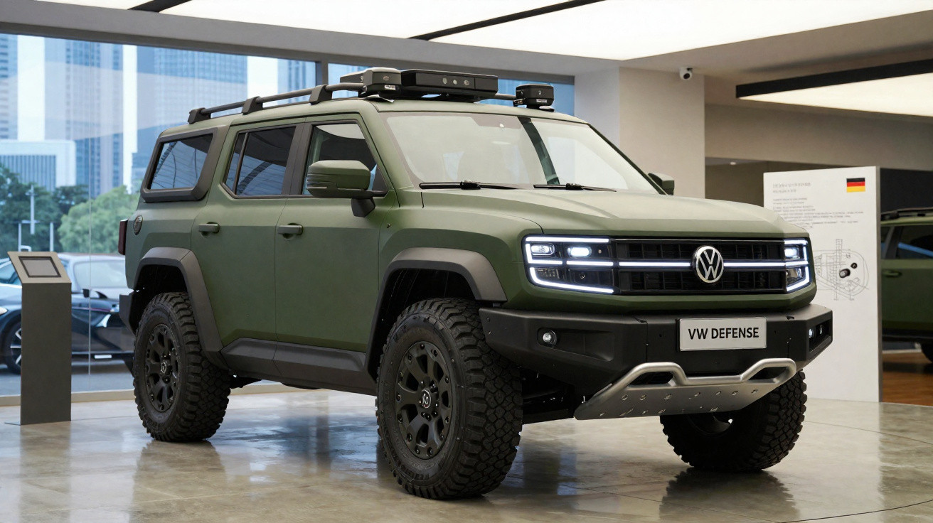 SUV Volkswagen Defense verde militar exibido em showroom moderno, com faróis acesos e pneus robustos.
