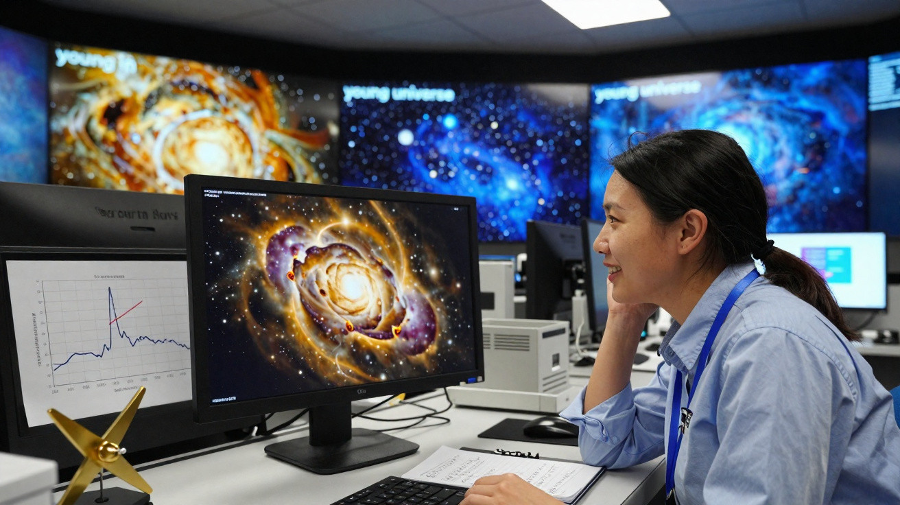 Mulher analisando imagens de galáxias em monitores em centro de pesquisas astronômicas.
