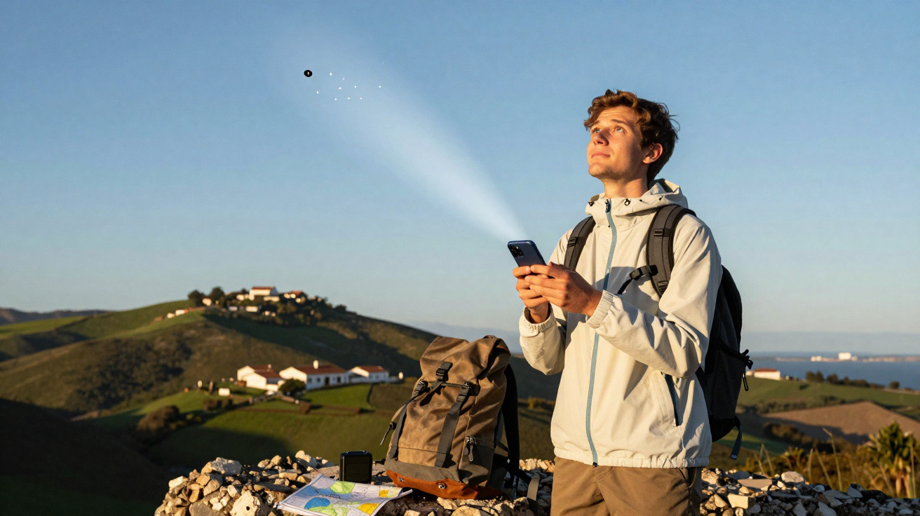 Jovem com mochila usa celular para iluminar ao ar livre em colina com mapa e equipamentos.
