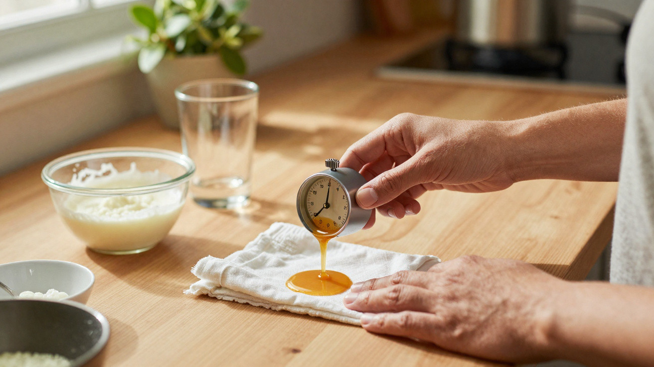 Mãos segurando relógio timer derramando mel sobre pano branco em cozinha com vidro e tigelas ao fundo.