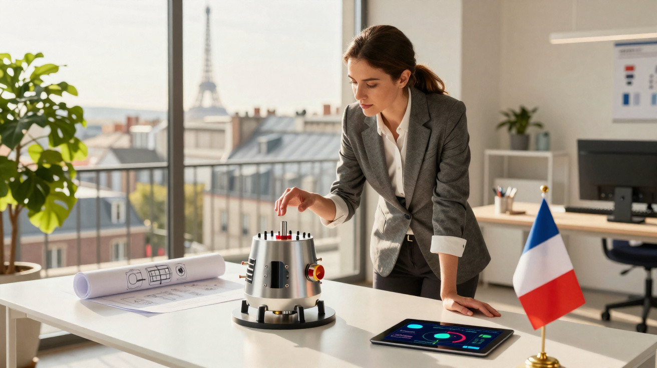 Mulher engenheira ajusta dispositivo tecnológico em mesa com planta, tablet e bandeira da França, com Torre Eiffel ao fundo.