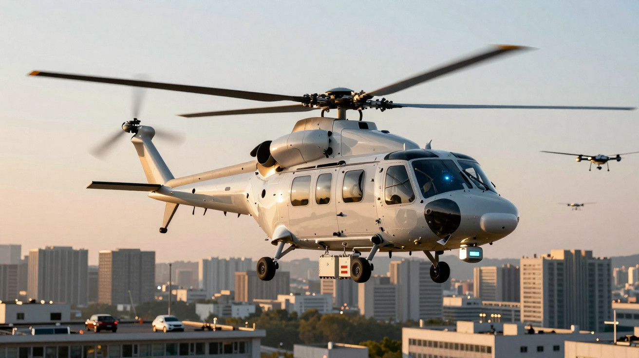 Helicóptero branco voando sobre área urbana com prédios e carros ao entardecer.