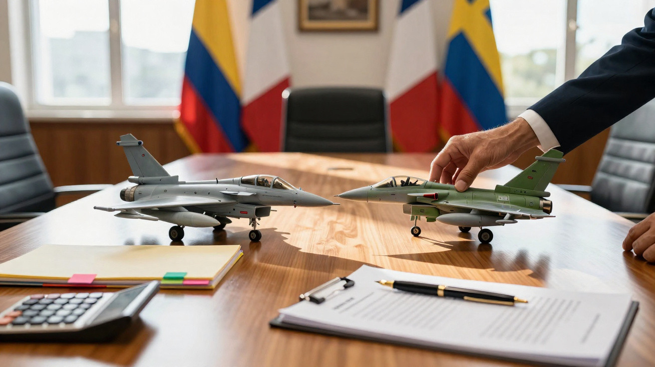 Modelos de aviões militares em mesa de reunião com documentos, calculadora e mãos ajustando um dos modelos.