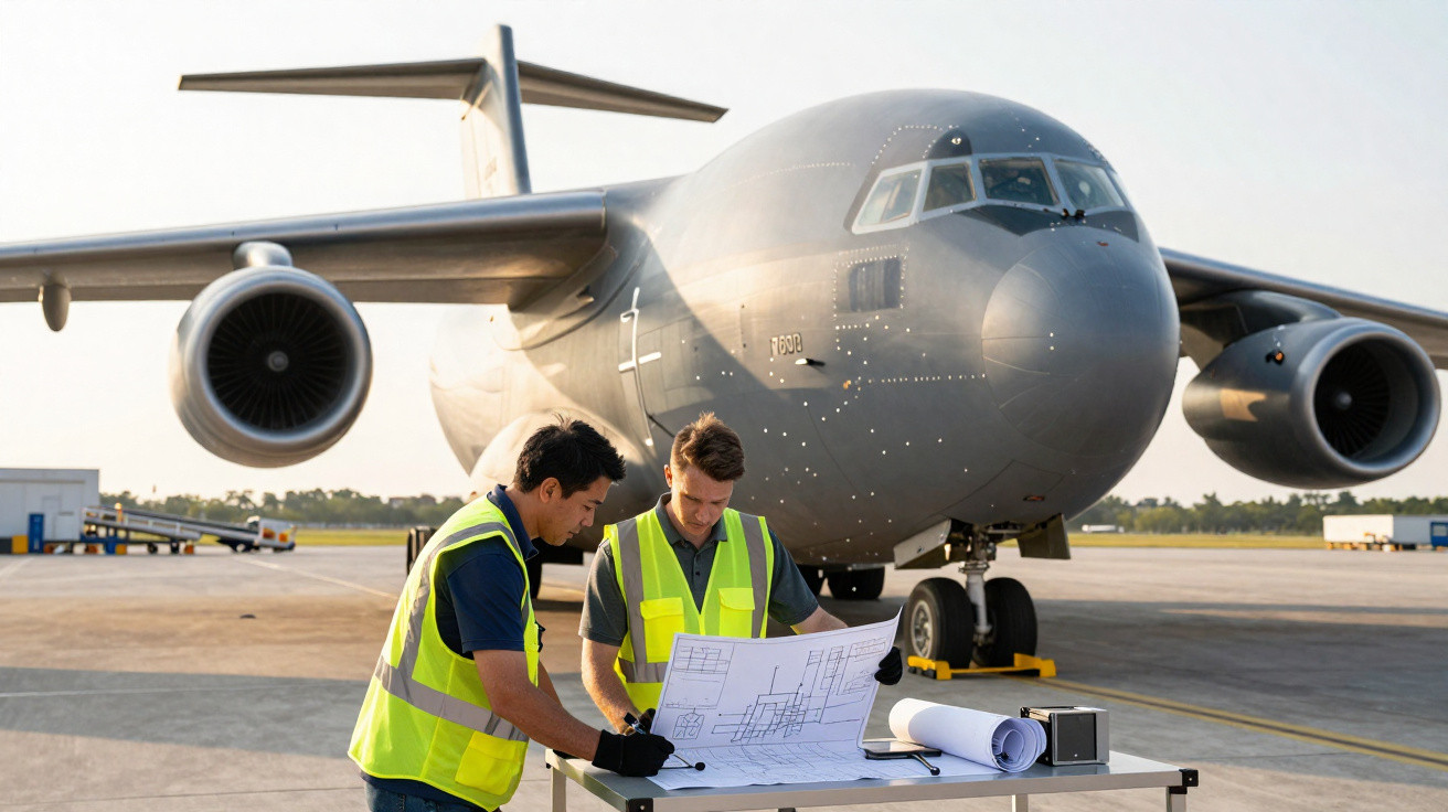 Dois homens com coletes refletivos analisando plantas em frente a um grande avião militar cinza no aeroporto.