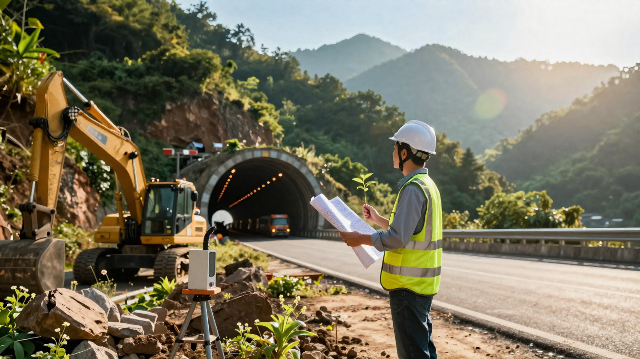 Engenheiro com capacete e colete observa obra de túnel em estrada cercada por vegetação e montanhas.