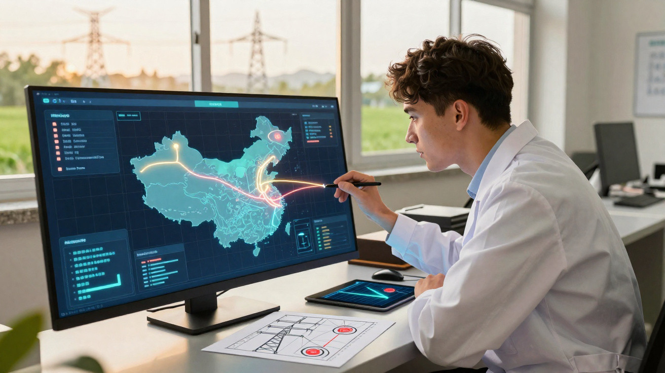 Jovem cientista em laboratório analisando rotas e dados em mapa digital da China no computador.