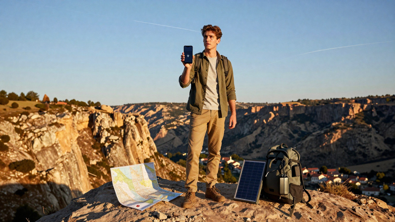 Jovem em penhasco segurando celular, com mapa, mochila e painel solar ao redor, cenário montanhoso ao fundo.