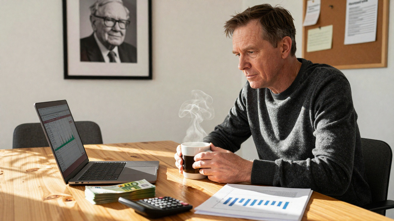 Homem sentado à mesa segurando xícara de café com notebook, dinheiro, calculadora e gráficos à sua frente.