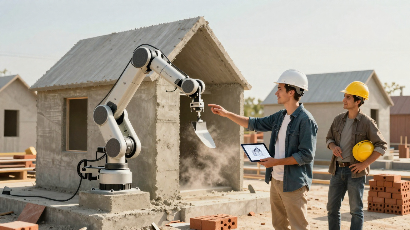 Engenheiros monitoram robô na construção automatizada de casa de concreto.