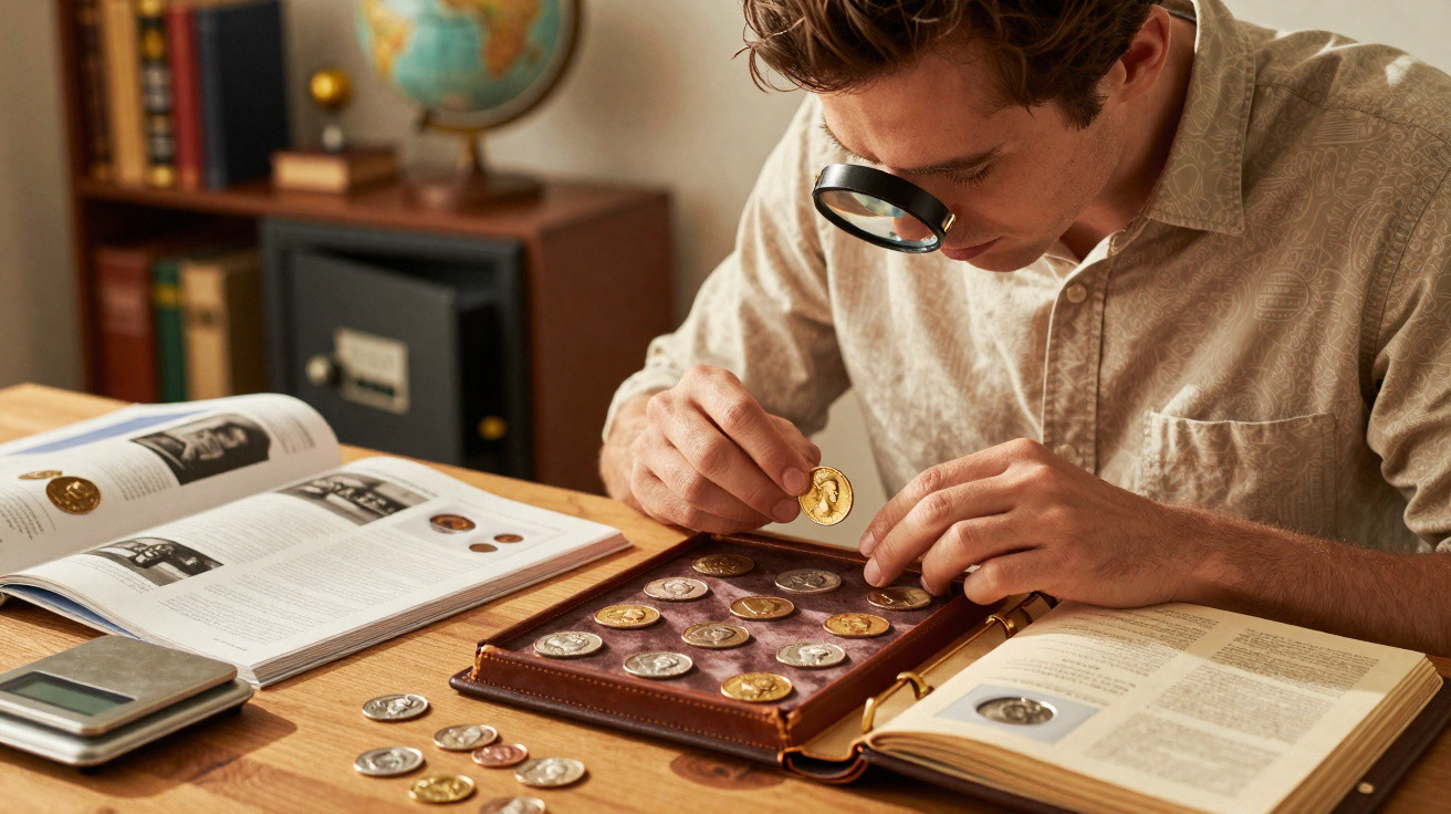 Homem analisando moedas antigas com lupa sobre mesa cheia de livros e fichário de moedas.