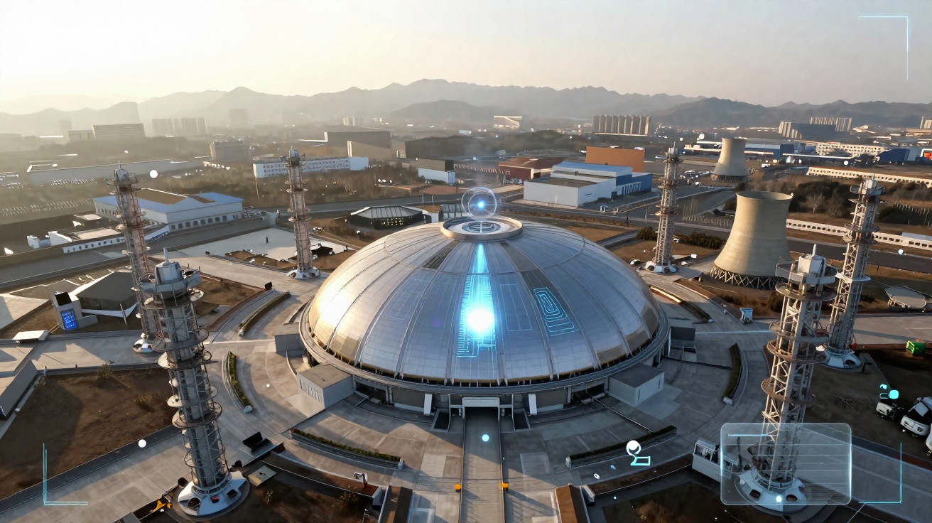Vista aérea de instalação industrial futurista com cúpula central e torres ao redor em área urbana montanhosa.