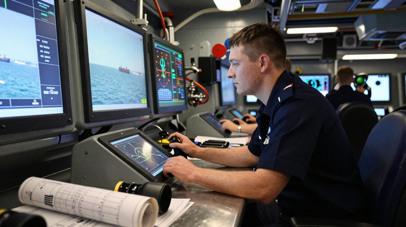 Homem em uniforme naval operando equipamentos eletrônicos de navegação em sala de controle de navio.