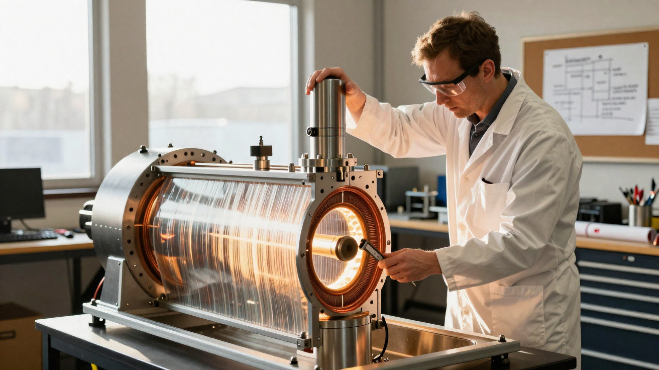 Cientista com jaleco e óculos ajusta equipamento tecnológico grande em laboratório iluminado.