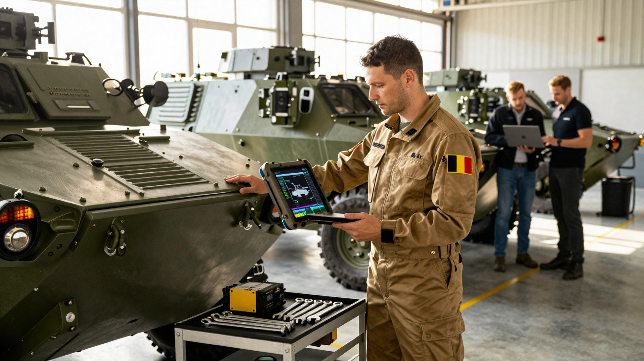 Soldado com uniforme marrom usa tablet para inspecionar veículo militar blindado em galpão.