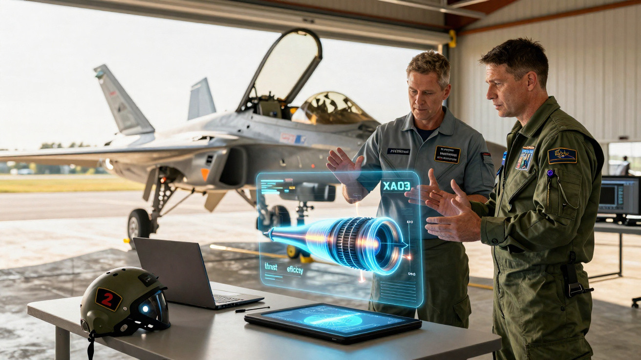 Dois pilotos militares analisam uma projeção holográfica de motor de avião em hangar com jato atrás.