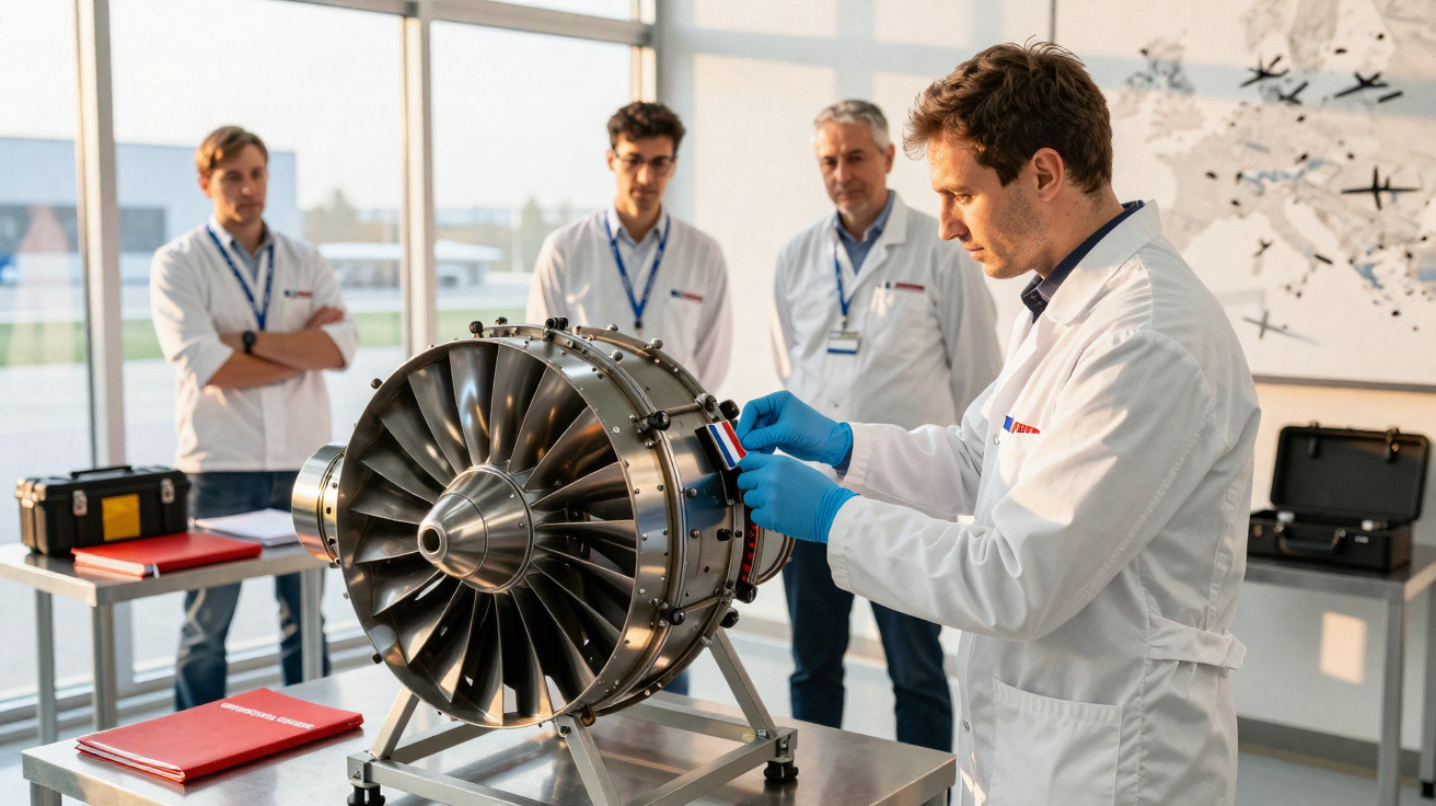 Engenheiro ajusta motor a jato enquanto três colegas observam em laboratório iluminado.