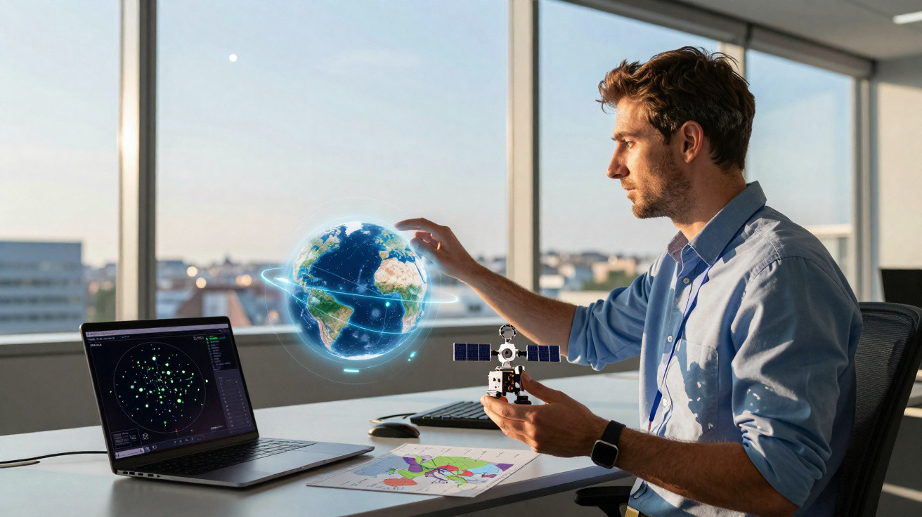 Homem analisando modelo de satélite e globo terrestre digital em escritório moderno com laptop aberto.