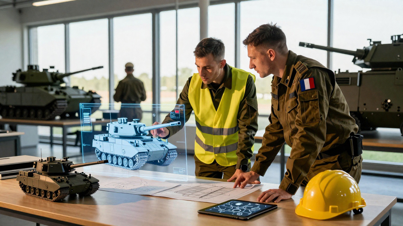 Dois militares analisam projeto de tanque em mesa com modelo físico e holograma digital em ambiente industrial.