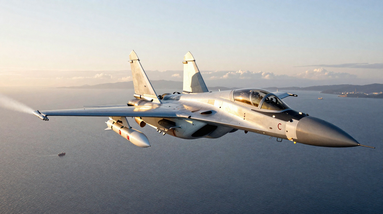 Caça militar voando sobre o mar durante o pôr do sol, com céu claro e montanhas ao fundo.