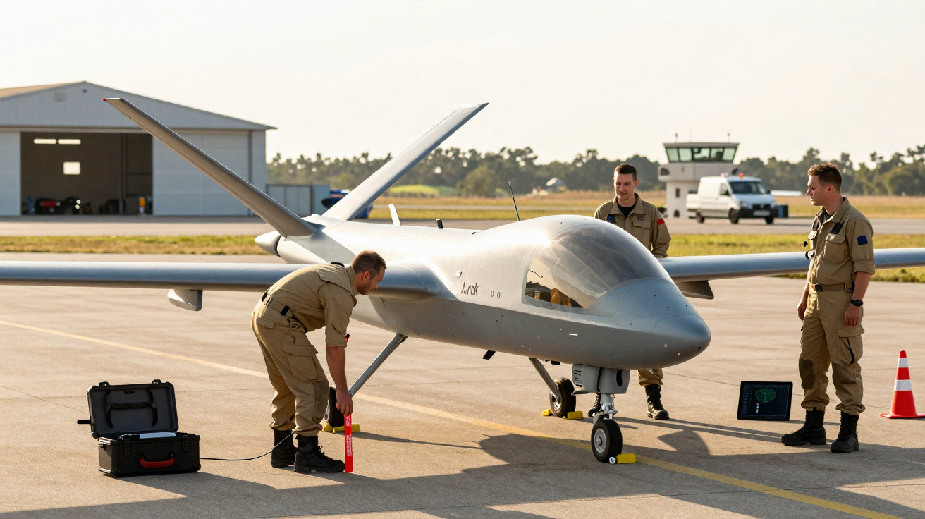 Três homens em uniforme trabalham em drone grande de asa fixa no pátio de aeroporto com hangar ao fundo.