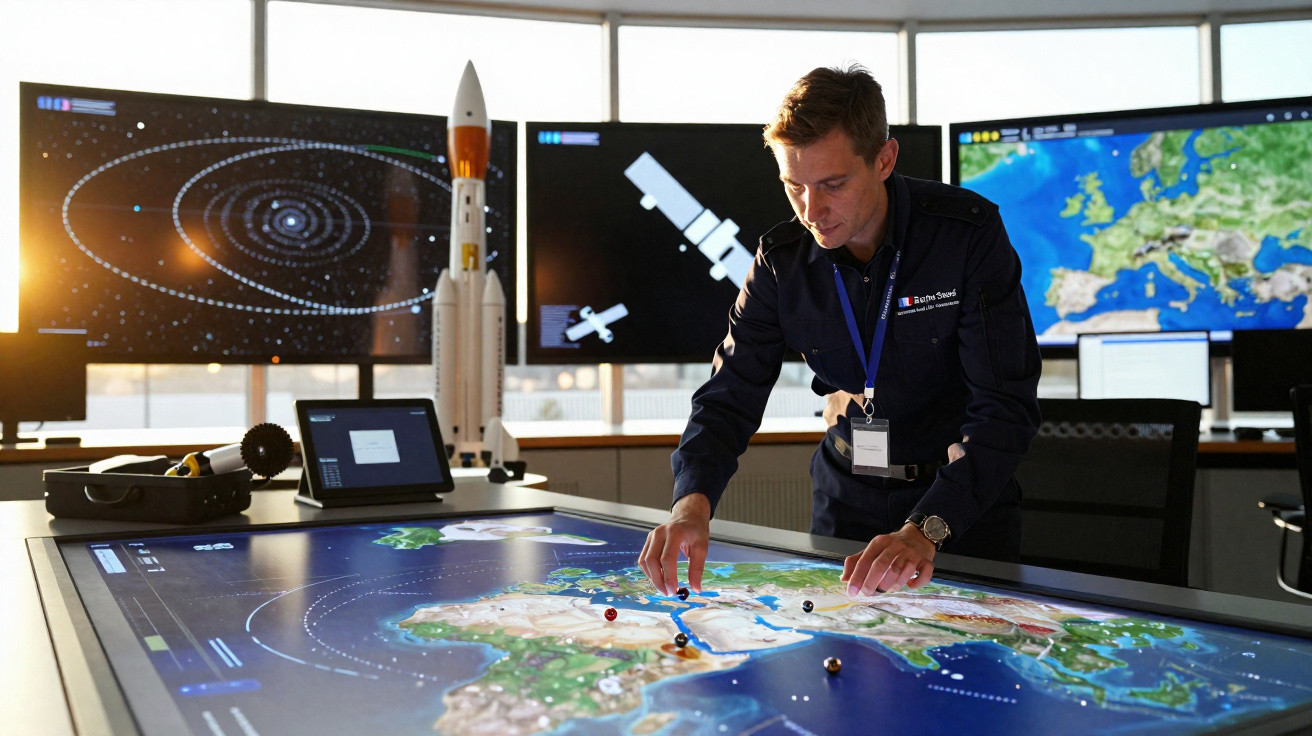 Homem em uniforme manipula mapa digital interativo sobre mesa, com telas de satélites e foguete ao fundo.