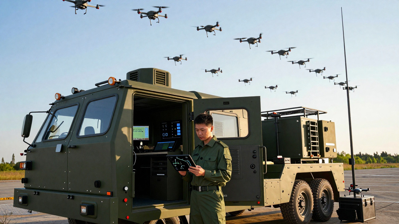 Soldado com tablet controla formação de drones voando sobre veículo militar verde em área aberta.