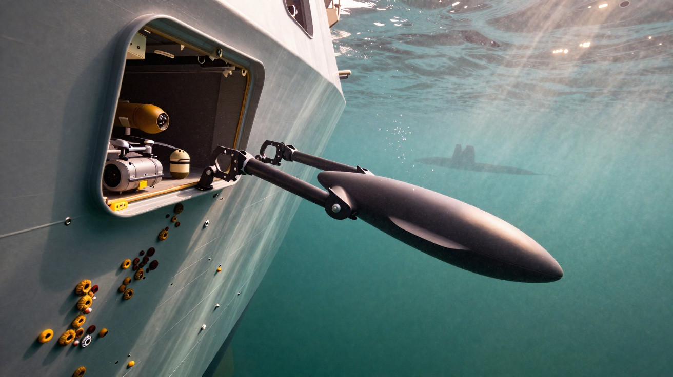 Braço robótico lança dispositivo subaquático a partir de submarino com outro ao fundo na água.