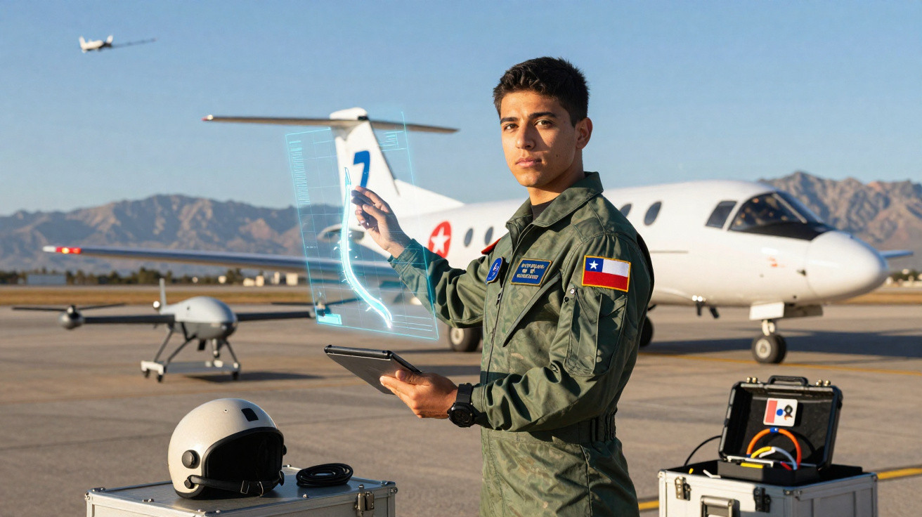 Jovem piloto em uniforme militar interage com interface holográfica, com avião e drones em pista de aeroporto ao fundo.