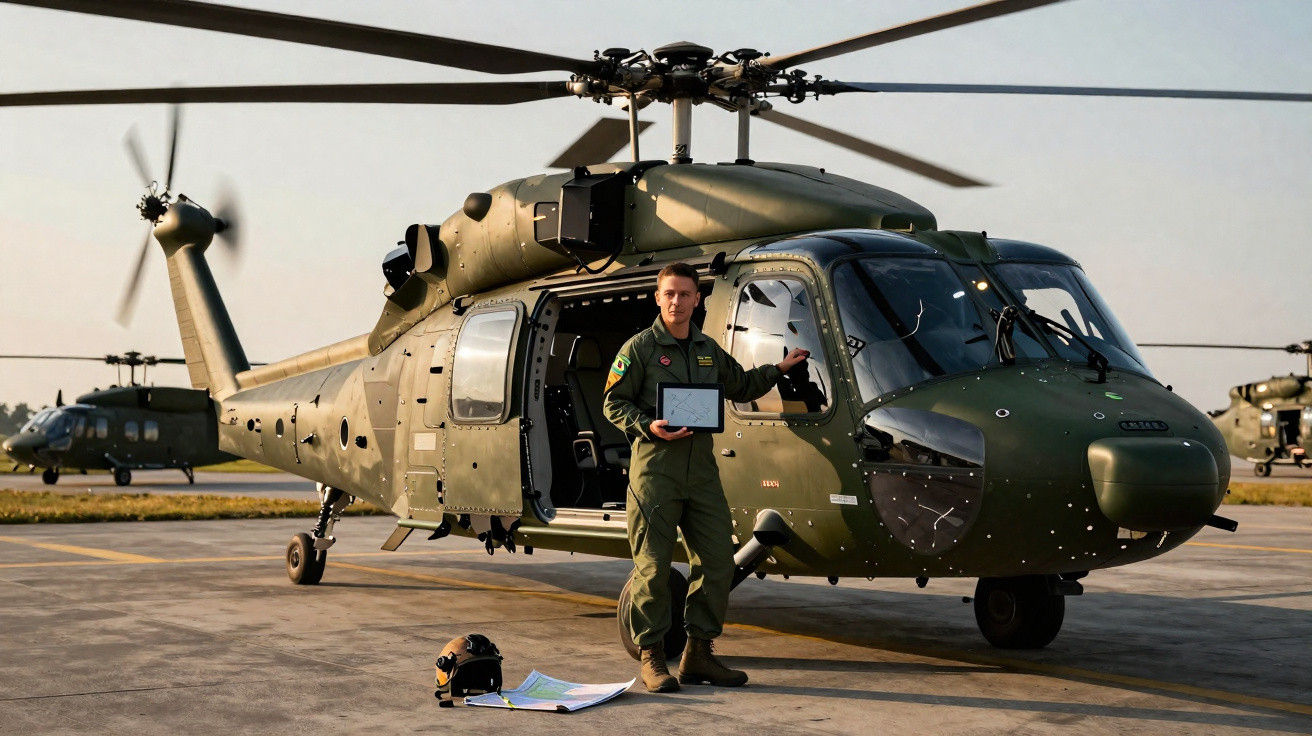 Homem em uniforme militar ao lado de helicóptero verde, com capacete e mapas no chão, em área de pouso.