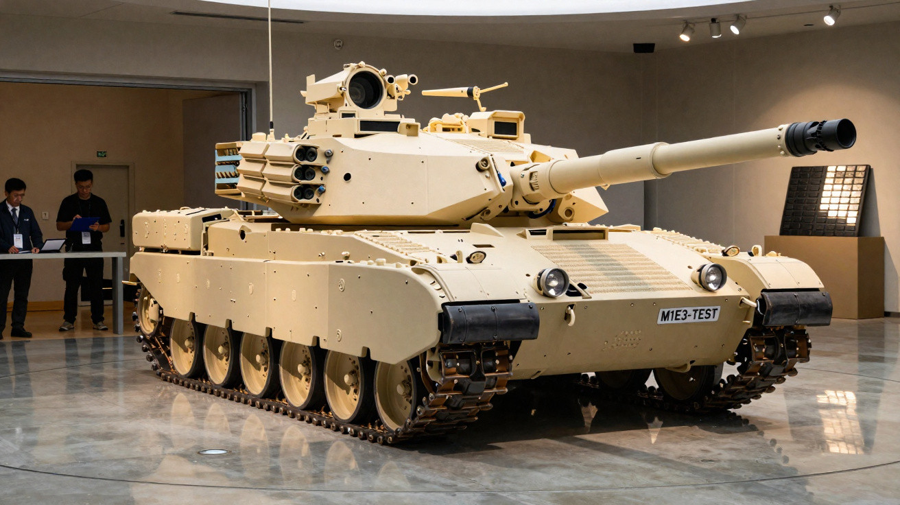 Tanque de guerra moderno bege exposto em museu com dois homens ao fundo.