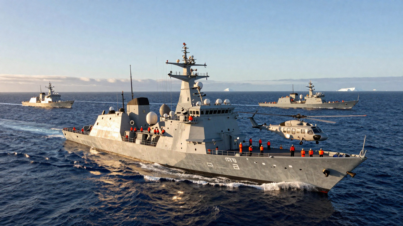 Três navios militares no mar, com pessoas usando coletes laranja e um helicóptero pousado em um deles.