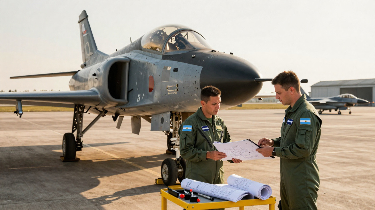 Dois pilotos em macacão verde discutem planos ao lado de jato militar estacionado em pista de aeroporto.