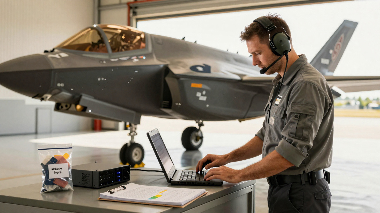 Técnico com fone e microfone trabalha no laptop em hangar com avião de caça atrás.