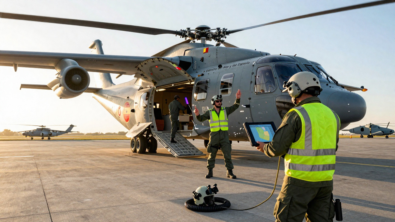 Dois militares com coletes refletivos coordenam pouso de helicóptero cinza durante o dia em pista de aeroporto.