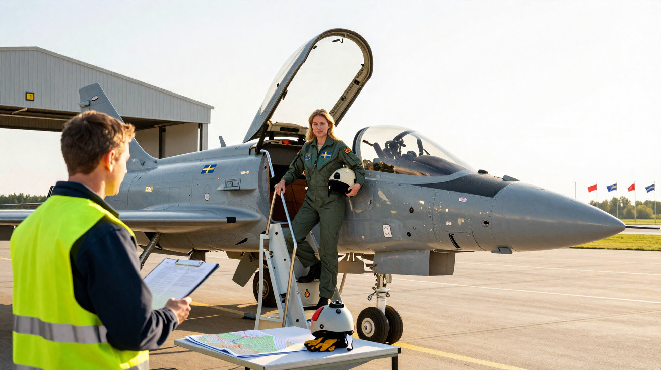 Mulher piloto de avião militar cinza com macacão verde sai da cabine enquanto homem com colete amarelo observa checklist.