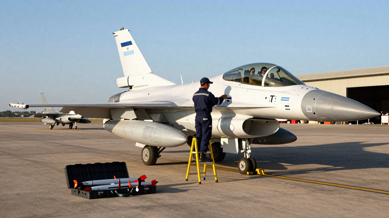 Aeronave militar branca com bandeira argentina recebe manutenção em pista aérea com técnico ao lado.