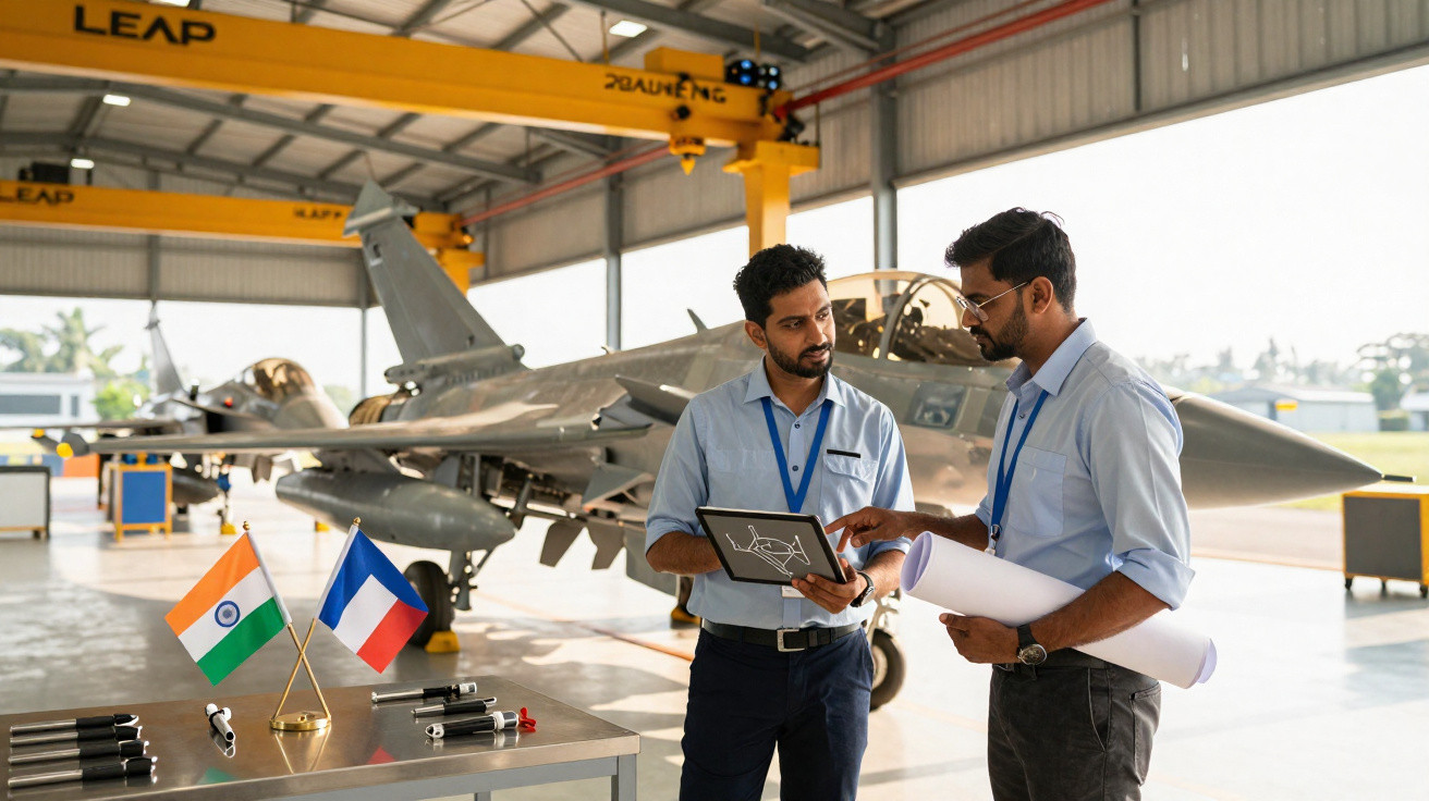 Dois engenheiros discutem projetos em hangar ao lado de avião militar com bandeiras da Índia e França na mesa.